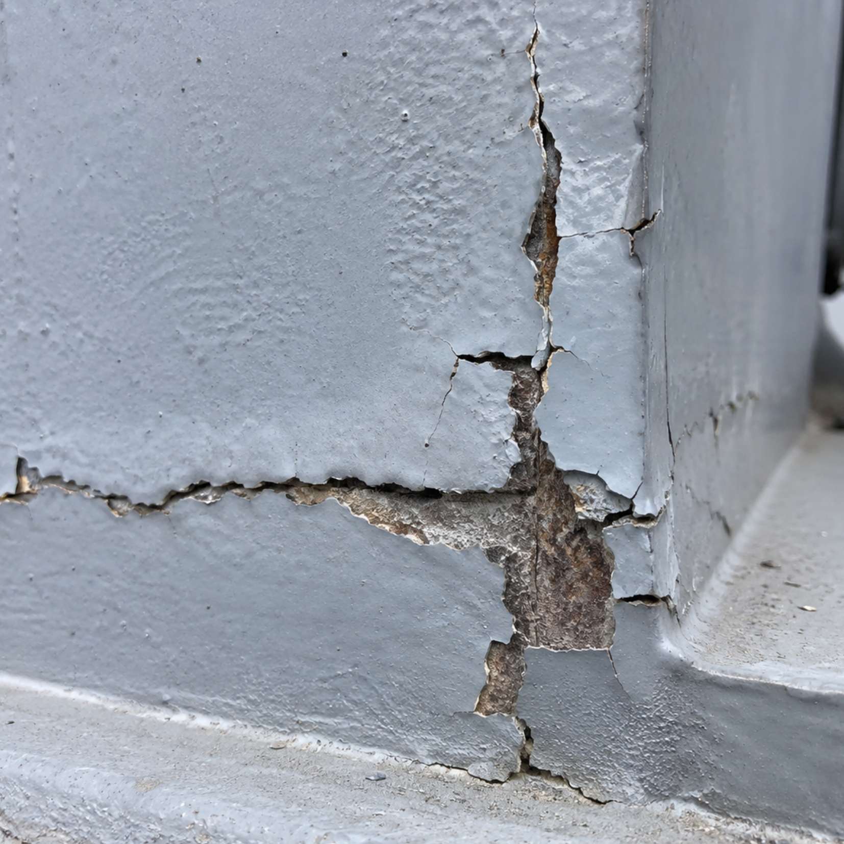 Cracked and delaminating coating on a steel surface