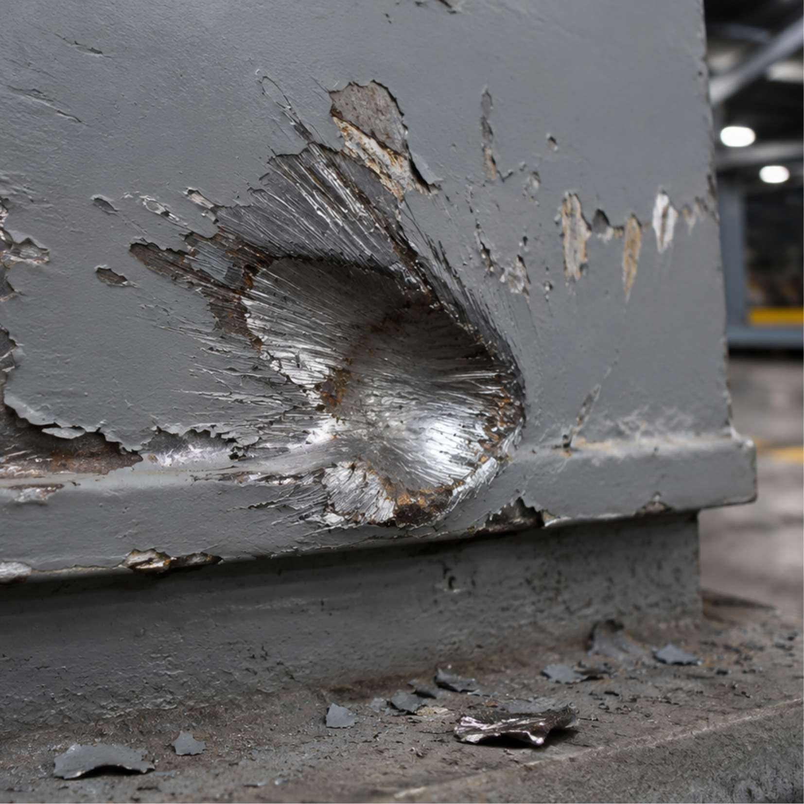 Abrasion and impact damage exposing bare steel beneath a coating